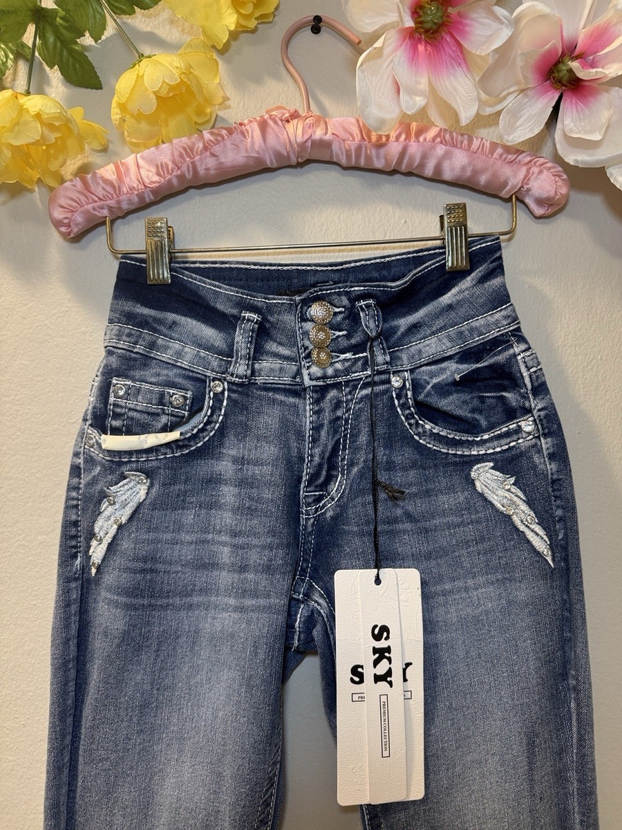 SKY Flare Jeans Blue Embroidered Rhinestone Heart Angel Distressed