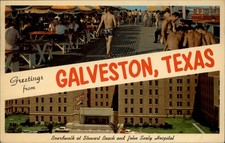 Galveston Texas Boardwalk Stweart Beach John Sealy Hospital mailed 1970 postcard