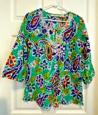 LEMON GRASS top shirt blouse M 10 Bust 40 Length 27 Green Multi Floral Mosaic