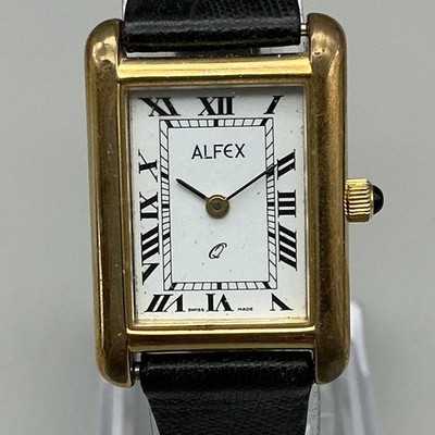 Vintage Alfex Womens Watch 20mm White Dial Gold Tone Black Lizard