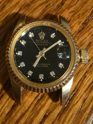1981 Vintage Rolex Datejust  Black Diamond Dial Fluted Bezel Date Gold  Case