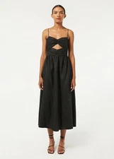 RHODE Black Linen Midi Dress Kay Cutout Sweetheart Neckline Cocktail Sz 8 Medium