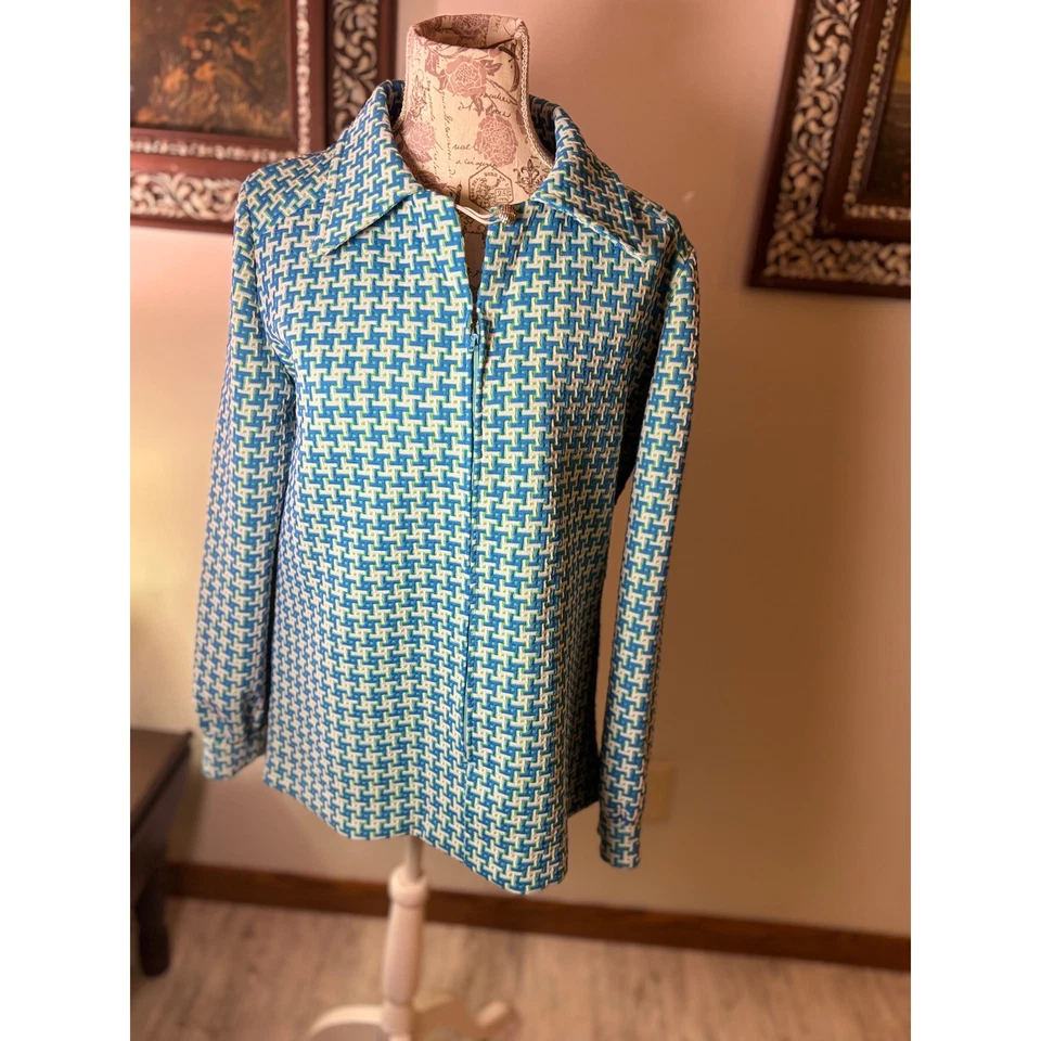 Chaqueta Vintage Años 70 Azul Blanco Verde Estampado Geométrico Cremallera Completa Mod Retro Foto 2 de 4