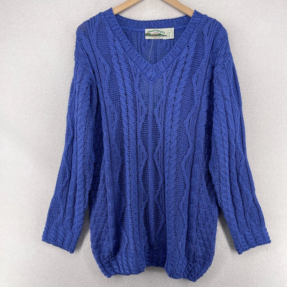Suéter ARAN CRAFTS Mujer L Cable Tejido de Cesta Mezcla de Algodón Azul Irlanda NUEVO Foto 3 de 4