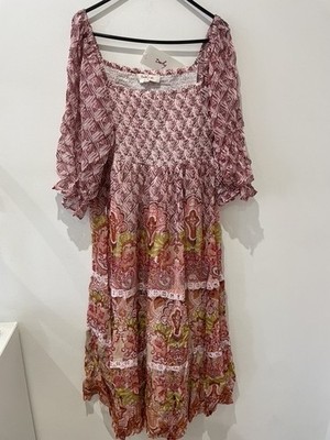 Derhy AELLA Rose Pink Smocked Dress Size Small 10 Boho Frill Indian RRP £120