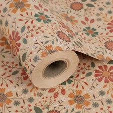 Floral Kraft Wrapping Paper Jumbo Roll, All Occasion Vintage Flower Gift Wrap fo