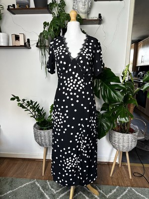 Sosandar Black White Spot Print Lace Trim Midi Dress (minor pull