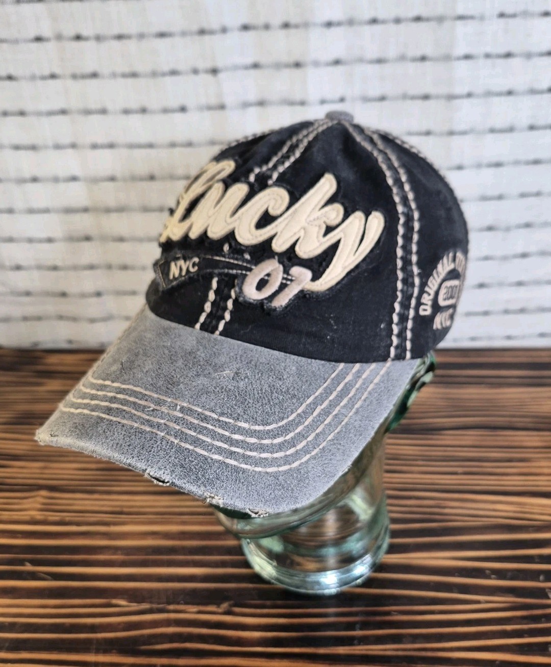 Vtg LUCKY KBETHOS Embroidered Distressed Heavy Stitch Adjust