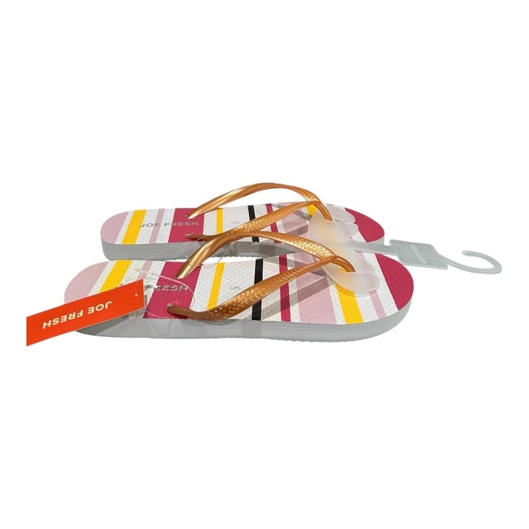 Joe Fresh Flip Flop Sandals Womens Size 6 Multicolor Stripe Gold Shoes Beach