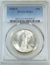 1944-S Walking Liberty mezzo dollaro PCGS MS63 bianco ghiaccio PQ nuovo supporto #B297F