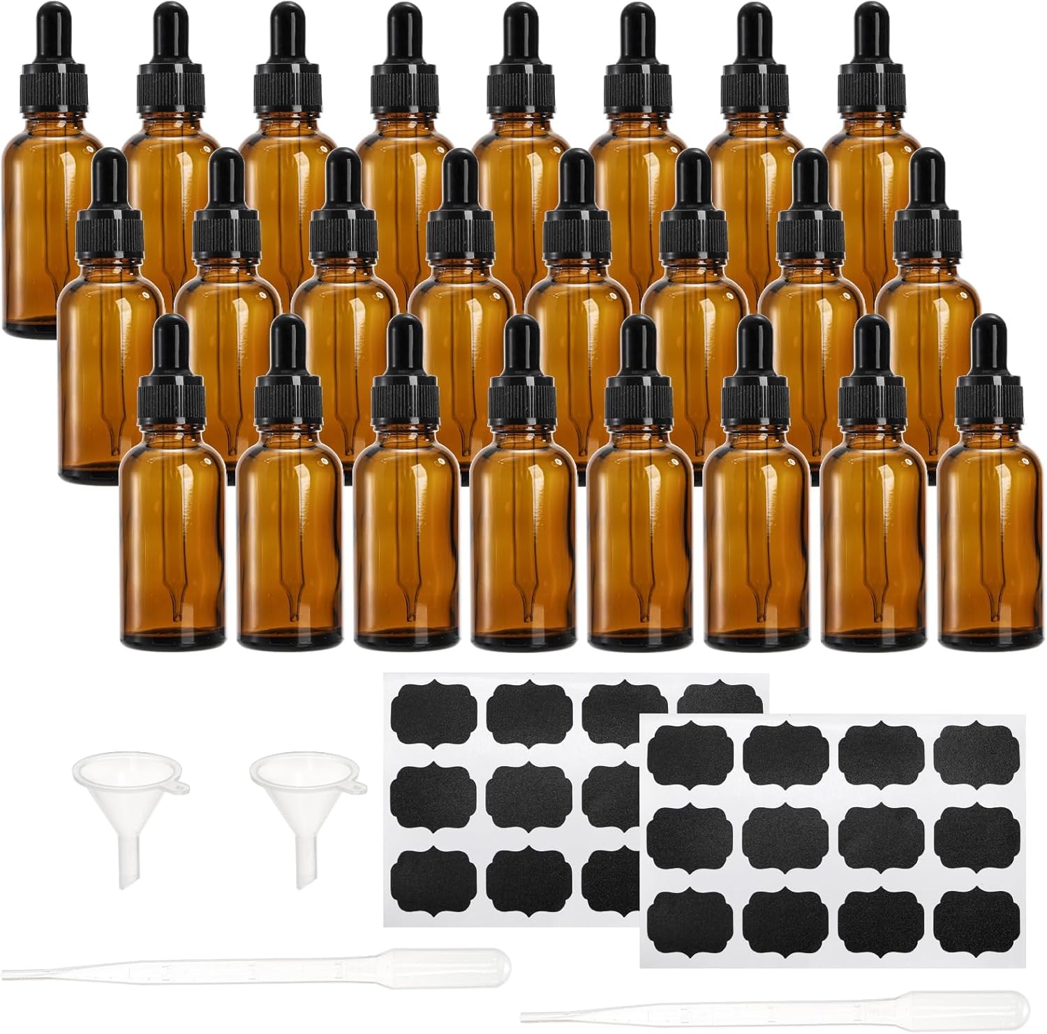 24 x 30ml Amber Glass Dropper Bottles with Glass Pipettes, Refillable Sample