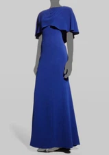 $660 Teri Jon by Rickie Freeman Womens Blue Jewel Neck Capelet Gown Dress Size 8