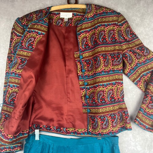 De Colección Adrianna Papell Seda Falda Traje Wm 12 Azul Paisley 2 Piezas Chaqueta Falda Conjunto - Imagen 7 de 18