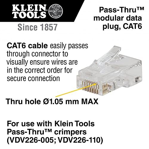 Klein VDV826-703 Pass-Thru Modular Data Plug, RJ45 CAT6, Pass Through Connectors - Picture 2 of 5
