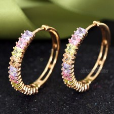 18K GOLD GF RAINBOW GEM CRYSTAL BAND WOMENS GIRSL DRESS HOOP HUGGIES EARRINGS