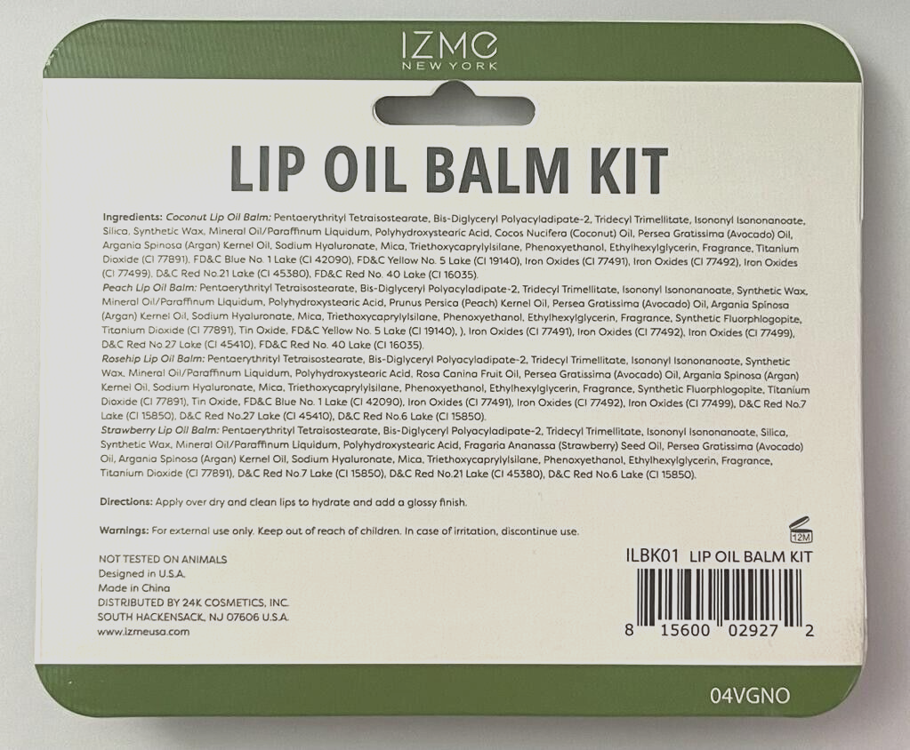 4 Lip Oil Balm Kit * Coconut, Peach, Rosehip and Strawberry * IZME NEW