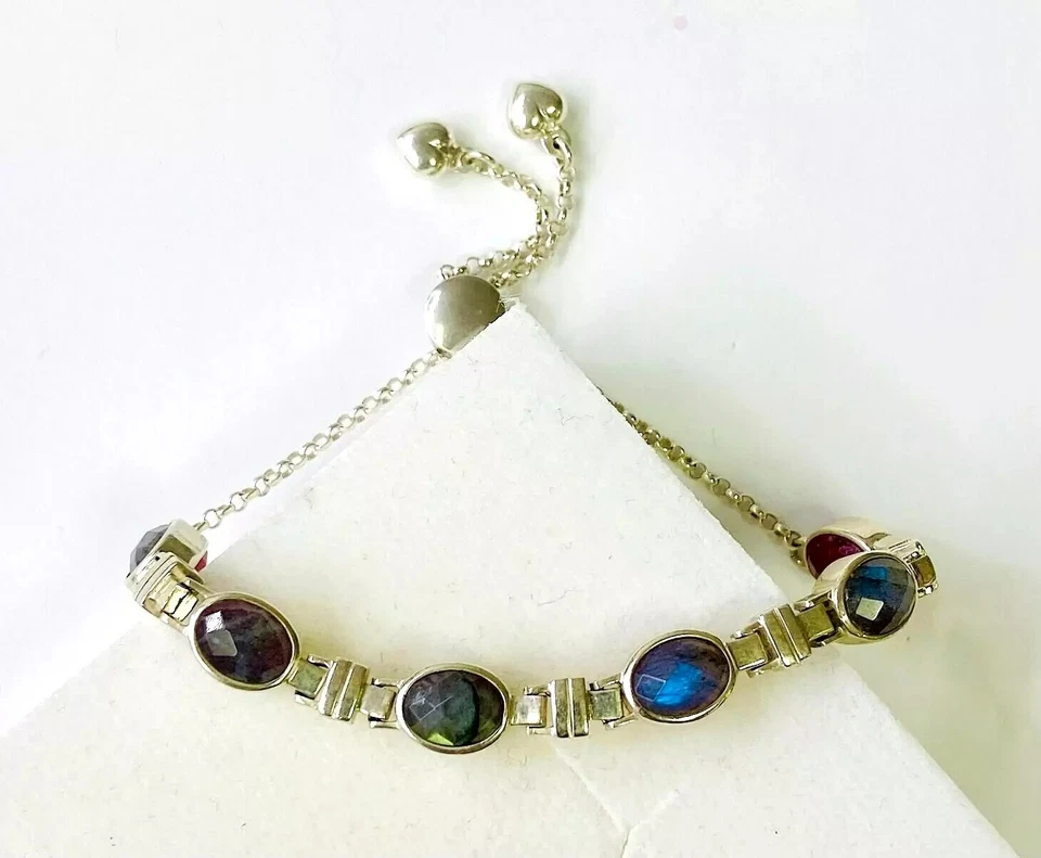 HSN Jay King 银 Thulite &Labradorite 双面可调节 9 英寸手链 — 第 2/4 张图片