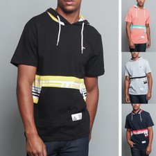 Men's Short Sleeve Racing Stripes Cotton Kangaroo Pocket Hoodie T-Shirt