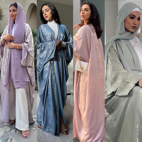 Dubai Satin Open Kimono Cardigan Abaya Batwing Sleeve Maxi Dress Robe Kaftan New - Photo 1 sur 65