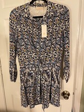 $450 TORY BURCH Drawstring Tile Print Silk Shirtdress Riviera Blue  NWT Size 0