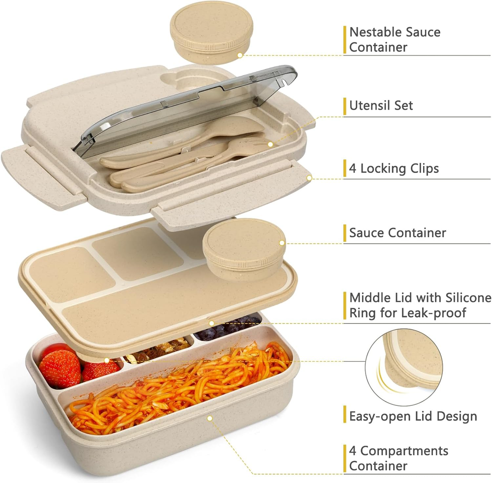 Bento Lunch Box for Kids, Wheat Straw 5.5 Cups Leakproof Adult Bento Box with 2