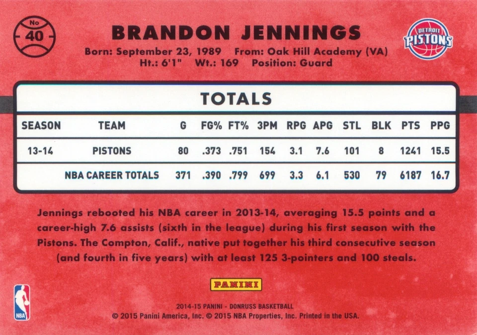 Cartão base de basquete Brandon Jennings 2014-15 Panini Donruss #40 Detroit Pistons - Imagem 2 de 2