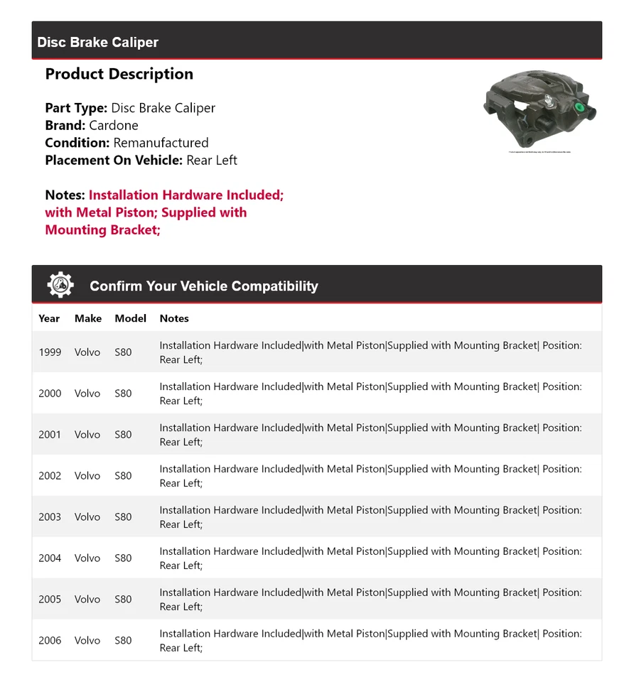 Pinza de freno de disco trasera izquierda cardone 2000 2001 2002 2003 para Volvo S80 1999-2006 Foto 2 de 4
