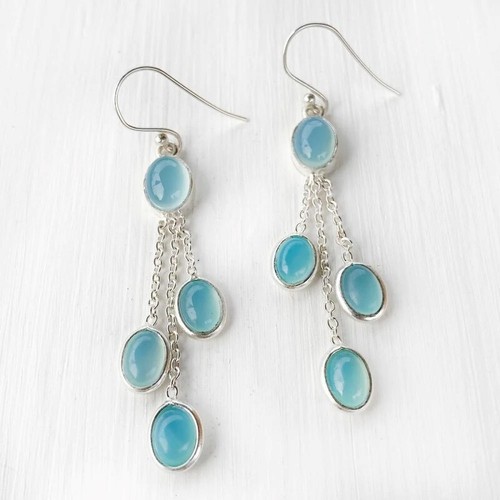 Solid 925 Sterling Silver Handmade Women Earring Chalcedony Natural Gemstone