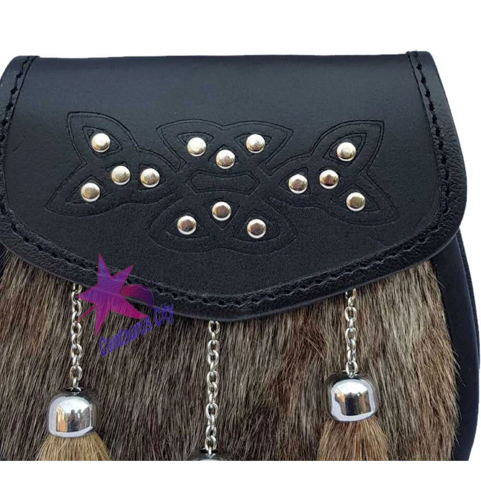 CC Semi Dress Kilt Sporran Celtic Embossed Traditional Leather Kilt Sporans - Image 3 of 4