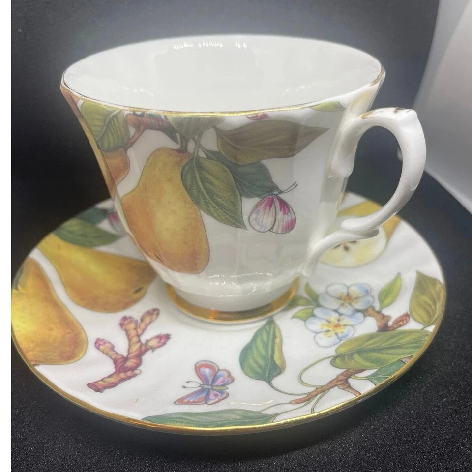 Бабочка фрукты чайная чашка и блюдце английская кость фарфор герцогиня винтажный коллекционный - Изображение 2 из 4