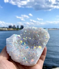 Natural Rainbow Angel Aura Quartz Cluster Titanium Geode Crystal Specimen Gift