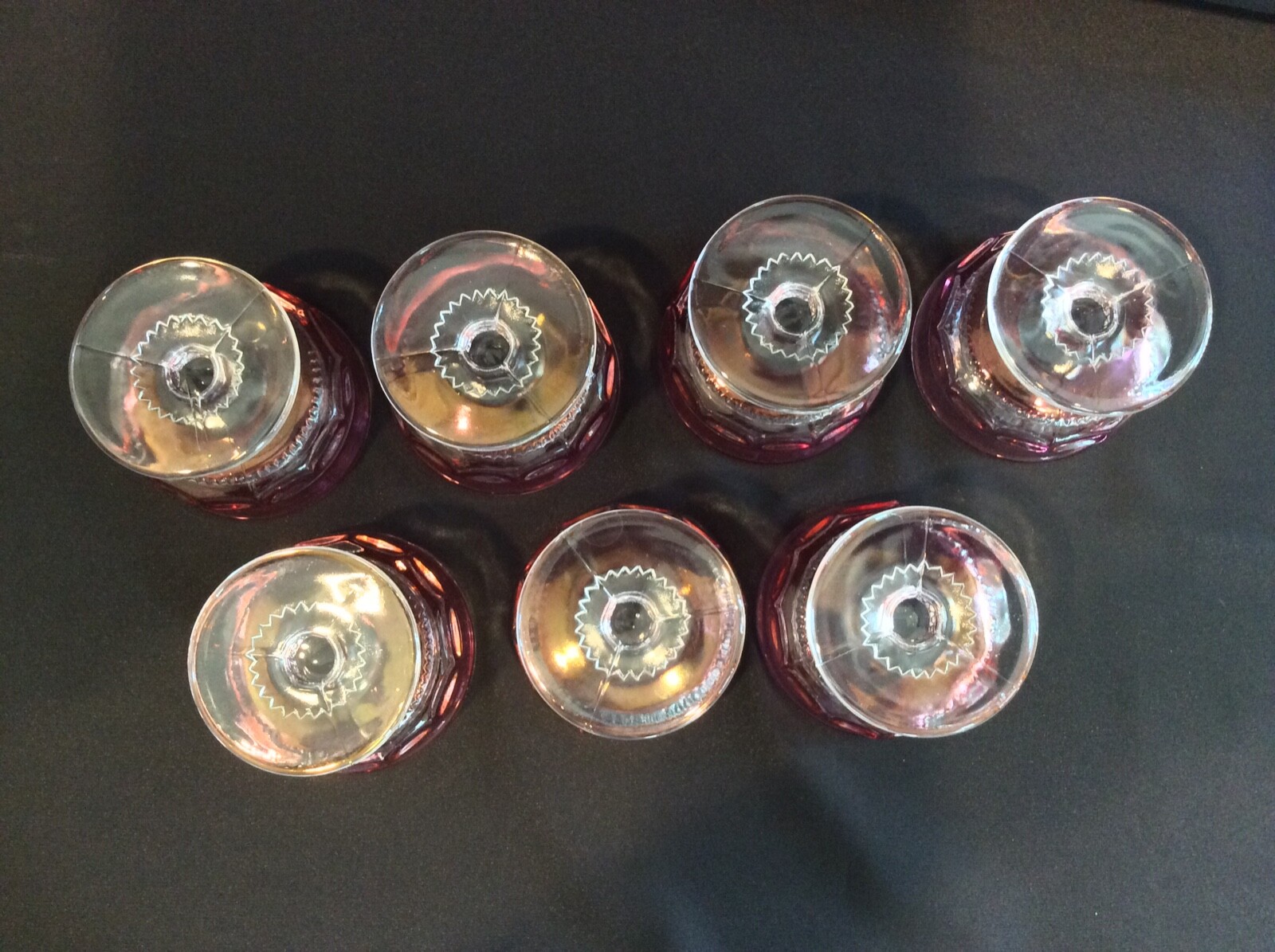 7 King's Crown Cranberry Flashed Top & Bottom Vintage Champagne Glasses