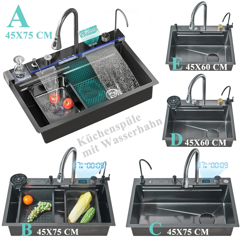 JIEBAO Küchenspüle Edelstahl Wasserfallspüle SpülbeckenSet Einbauspüle mit Wasserhahn