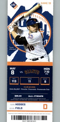 San Francisco Giants vs New York Mets 5/8/2017 Full Ticket - Travis d'Arnaud