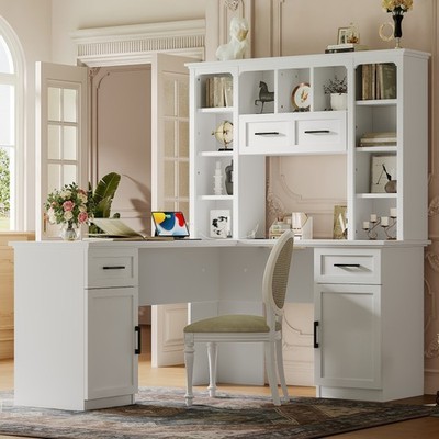 L Shaped Computer Desk Home Office Desk Storage Cabinet Drawers Bookshelf White