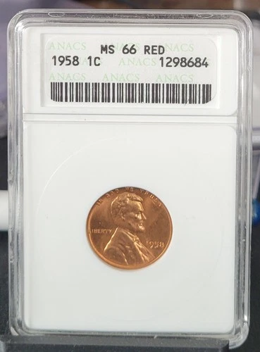 1958 Lincoln Wheat Cent Penny   ANACS  MS66 RED  Old Soapbox Holder