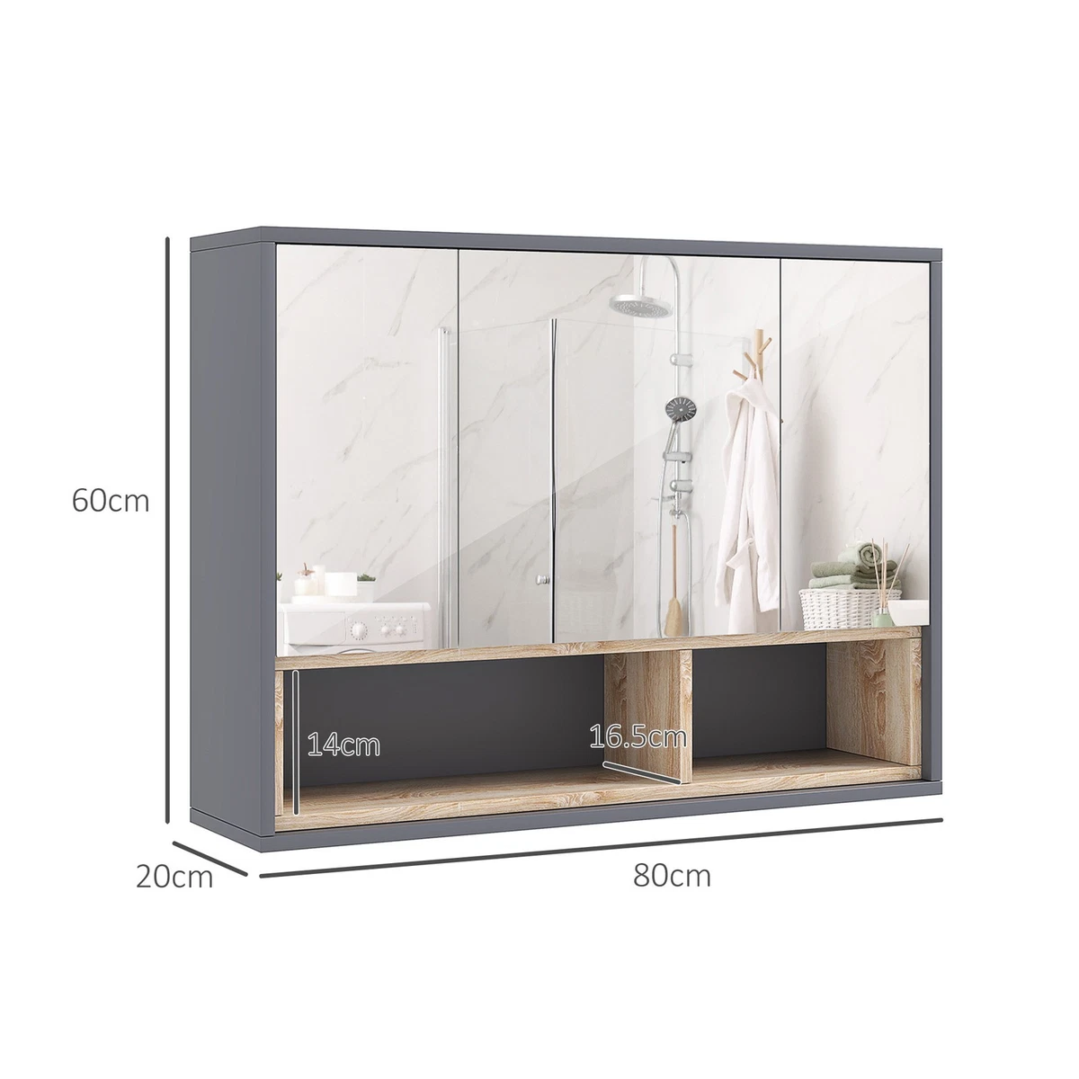 HOMCOM Mueble de Baño Montado en Pared Espejo Almacenamiento con Estantes Gris