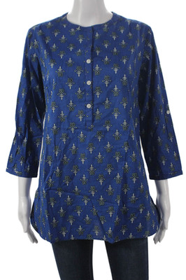 Madison Mathews Women Tunic Blouse Floral Blue Cotton Henley 3/4 Sleeve Size S