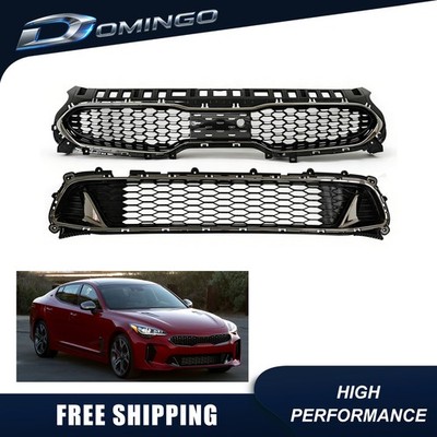 Front Bumper Upper & Lower Grille w/ Chrome Trim For 2018-2023 Kia Stinger GT