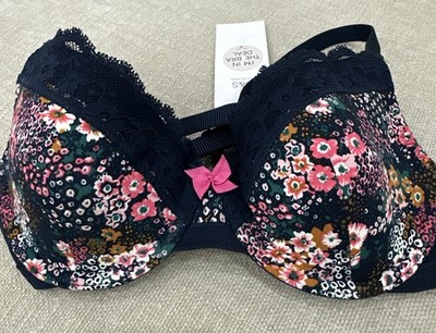Marks and Spencer M&S New 32AB Bra Padded Plunge Navy Blue Pink Floral Lace Trim