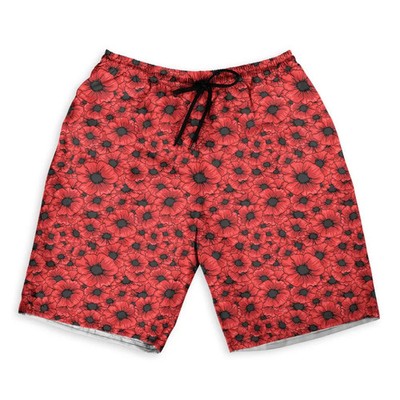 Men Red Poppy Flower Seamless Pattern Hawaiian Shorts Beach