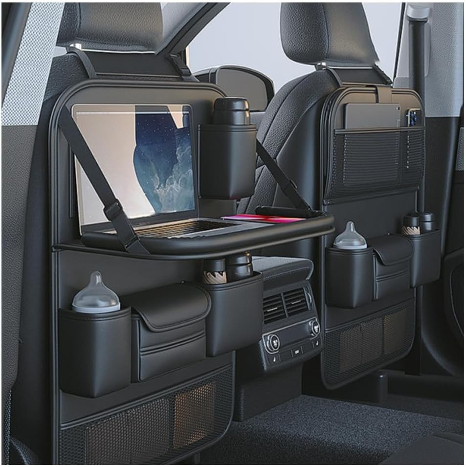 2-Piece Leather Car Backseat Storage Rack with Foldable Table Tray