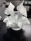 Vintage Fenton Milk Glass Hobnail Ruffled Epergne Three Horn Trumpet Vase