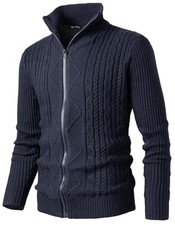 Men's Full Zip Cardigan Knit Textured Sweaters Stand Collar X-Large Navy Blue