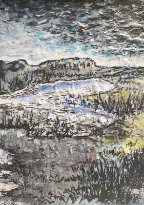 5 inch  x  7  inch - Marshlands Scene - Mixed Media Mini Painting by A. Avila 