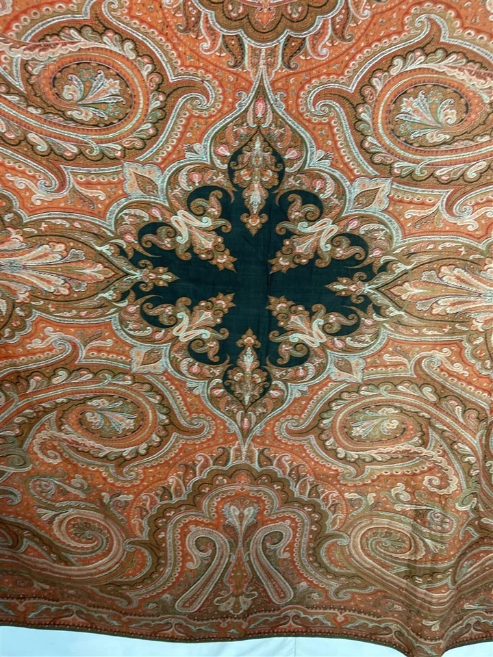 antique paisley woven wool large 65x133 black center hand made 19th c 1800s - Image 4 of 4