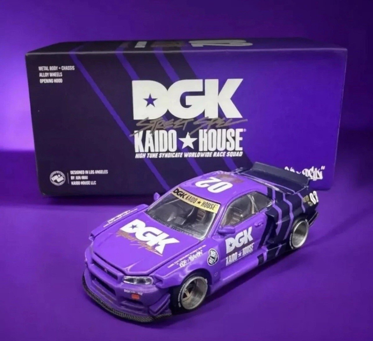 ミニカー kaido house x DGK skyline GT-R KHMG140 Nissan Skyline GT-R (R34) Kaido House x DGK Purple Mini GT