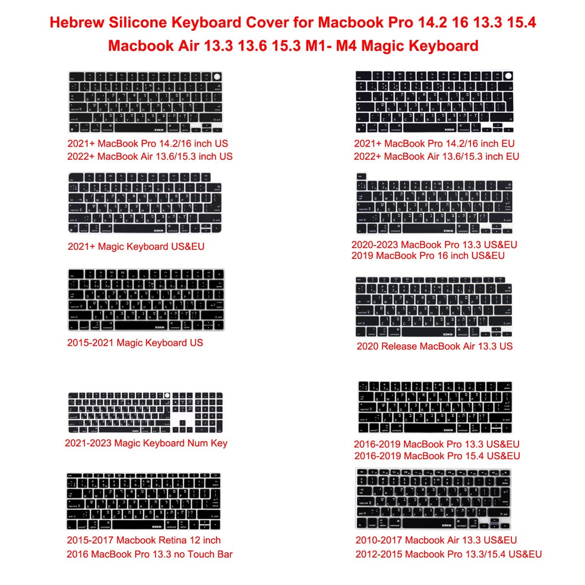 XSKN Hebrew Keyboard Cover for Macbook Pro Air 13 14 15 16 M1-M4