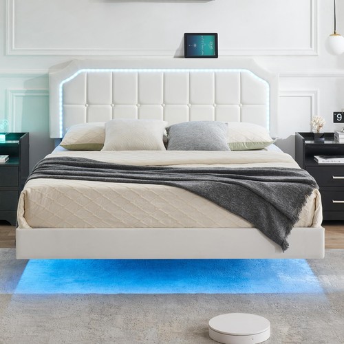 Floating Bed Frame Queen Size with RGB Led Lights, Upholstered Platform Queen...