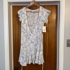 Billabong Wrap and Roll Floral Mini Dress Blue White Ruffle XS ABJWD00247
